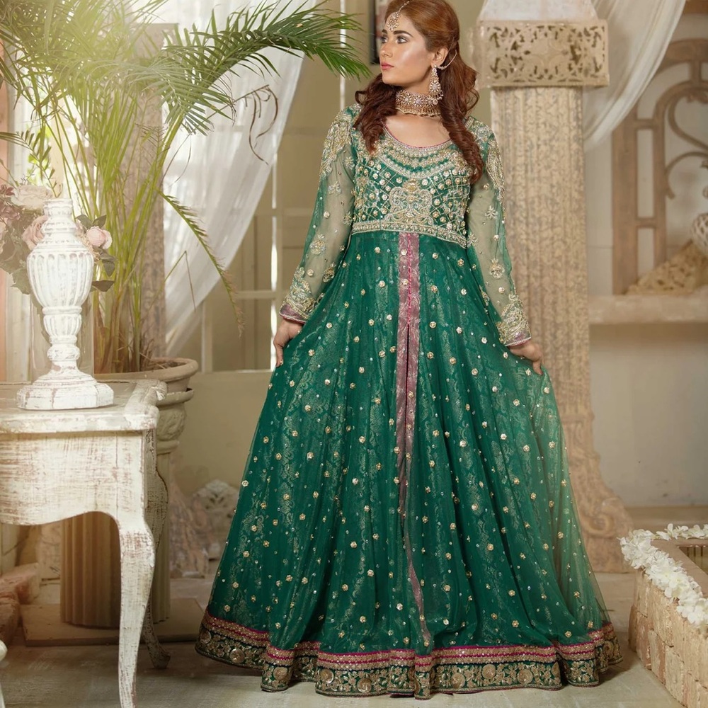 Emerald Green Anarkali Lehenga Gown Indian Wedding Reception Party Dress